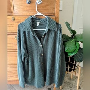Vintage Textured-Striped Green Button Down/Shacket